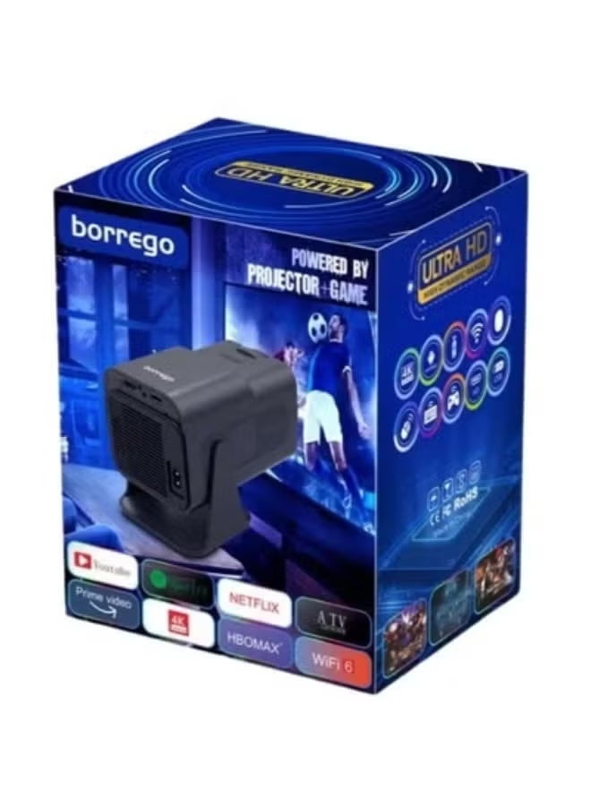 borrego بروجيكتور محمول ذكي 5 مع وحدتي ألعاب مدمجتين، 10,000 لعبة كلاسيكية، تصحيح تلقائي، دعم 4K و 1080P، سطوع 150 ANSI، أندرويد 12، واي فاي مزدوج النطاق للسينما المنزلية والألعاب - Image 2